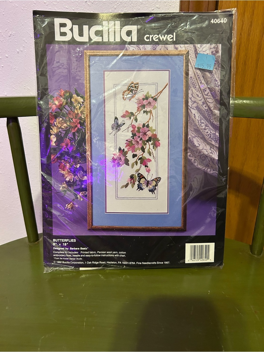 Bucilla Blue-Accented Butterfly & Pink Floral Crewel Art Kit